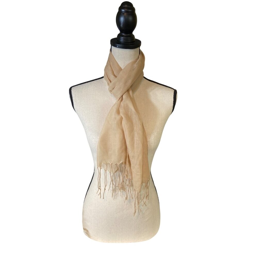 Womens Rectangle Scarf BeigeSheer Lightweight Fringe Boho